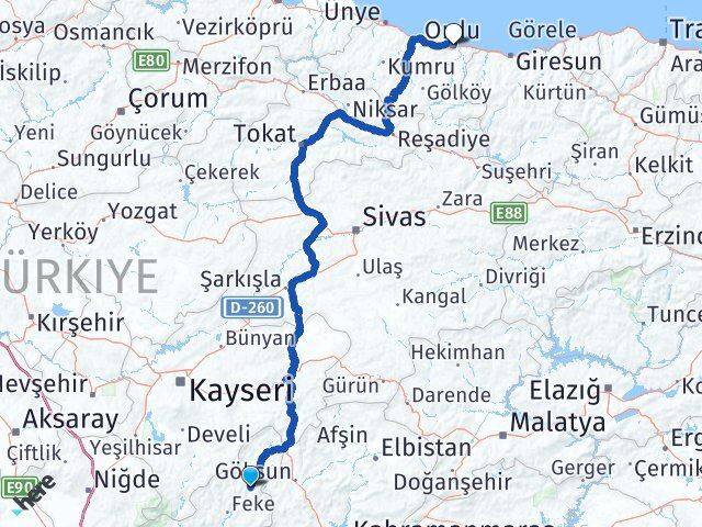 Adana Saimbeyli Ordu Arası Kaç Km - Yol Haritası