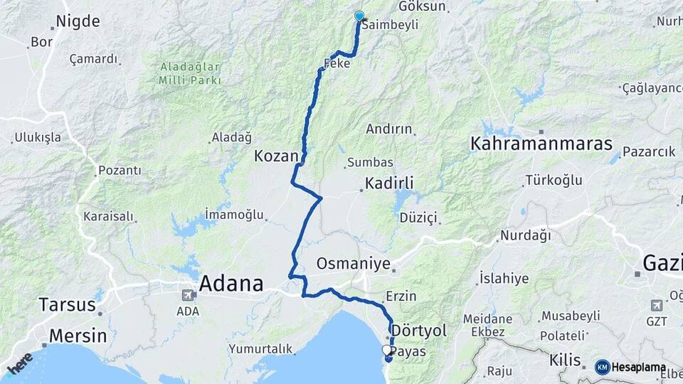 Adana Saimbeyli Payas Hatay Arası Kaç Km - Yol Haritası