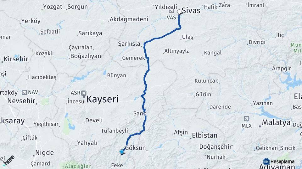 Adana Saimbeyli Sivas Arası Kaç Km - Yol Haritası