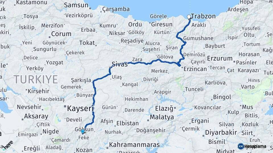 Adana Saimbeyli Trabzon Arası Kaç Km - Yol Haritası