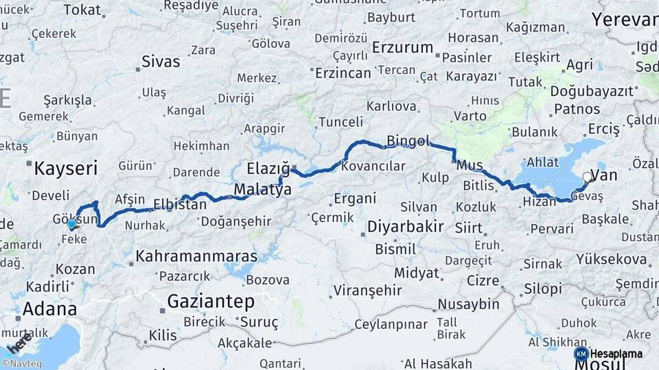 Adana Saimbeyli Van Arası Kaç Km - Yol Haritası