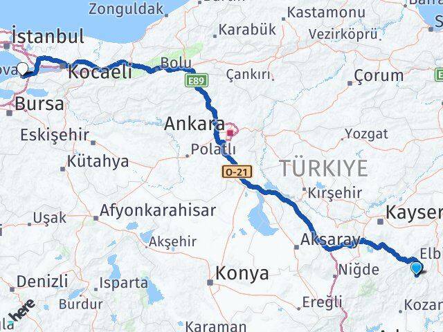 Adana Saimbeyli Yalova Arası Kaç Km - Yol Haritası