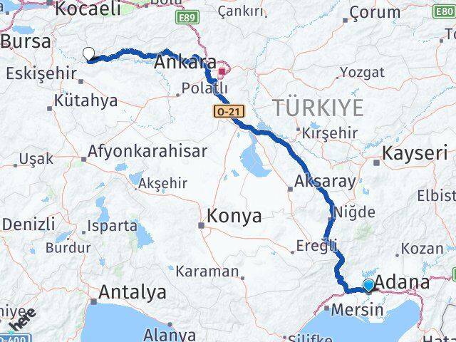 Adana Sarıcakaya Eskişehir Arası Kaç Km - Yol Haritası