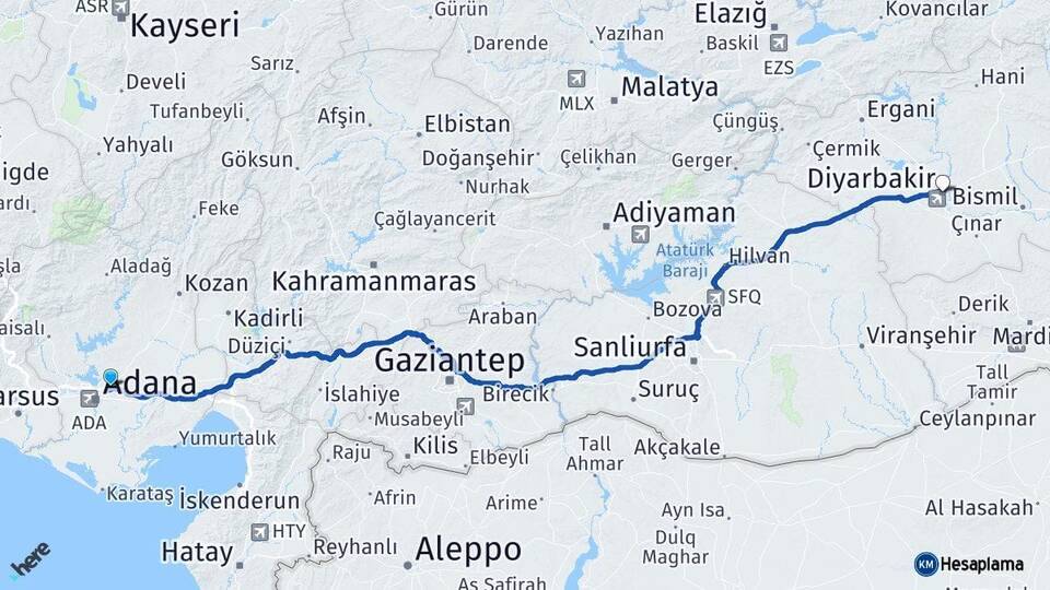 Adana Sarıçam Diyarbakır Arası Kaç Km - Yol Haritası