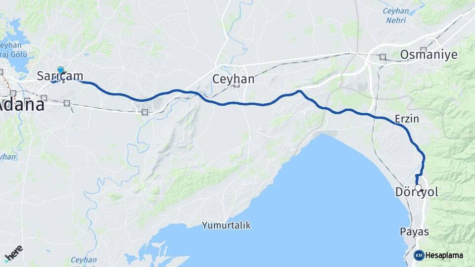 Adana Sarıçam Dörtyol Hatay Arası Kaç Km - Yol Haritası