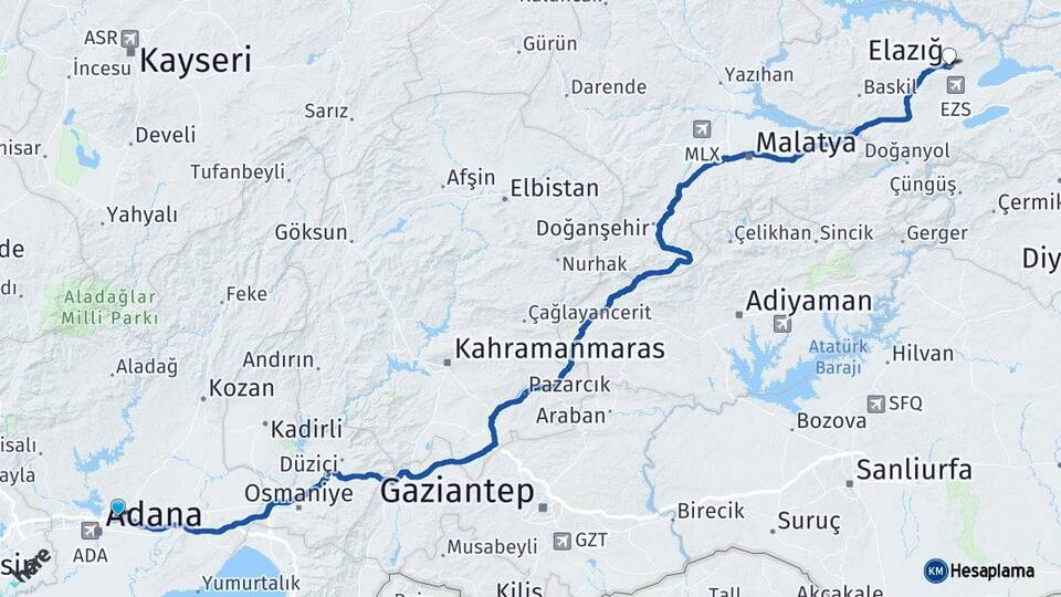 Adana Sarıçam Elazığ Arası Kaç Km - Yol Haritası