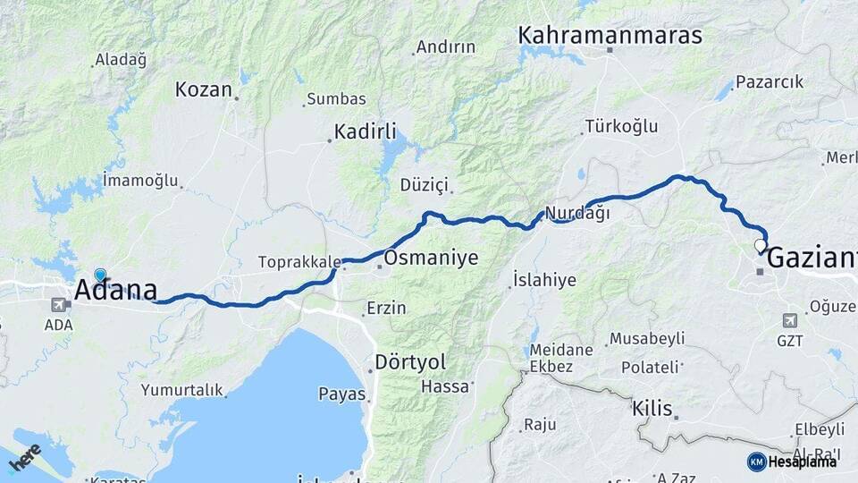 Adana Sarıçam Gaziantep Arası Kaç Km - Yol Haritası