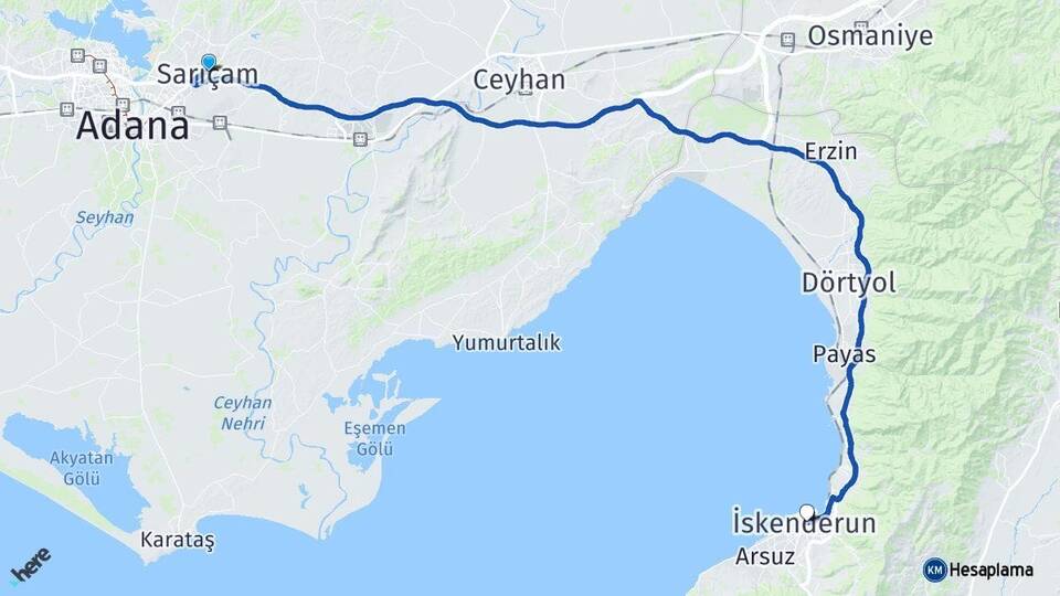 Adana Sarıçam İskenderun Hatay Arası Kaç Km - Yol Haritası