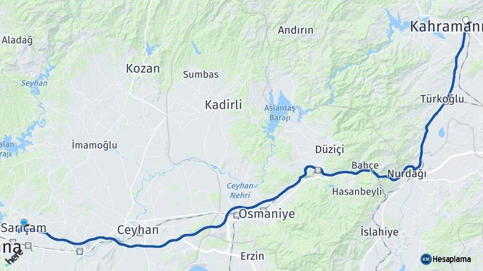 Adana Sarıçam Kahramanmaraş Arası Kaç Km - Yol Haritası