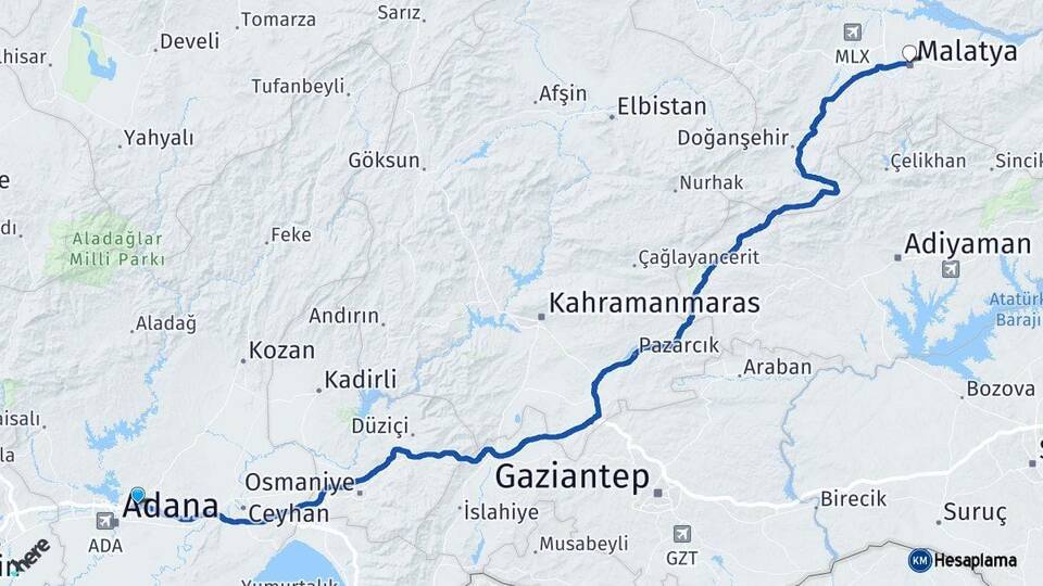 Adana Sarıçam Malatya Arası Kaç Km - Yol Haritası