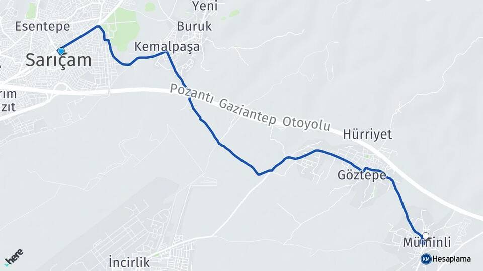 Adana Sarıçam Müminli Sarıçam Arası Kaç Km - Yol Haritası
