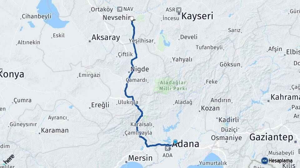Adana Sarıçam Nevşehir Arası Kaç Km - Yol Haritası