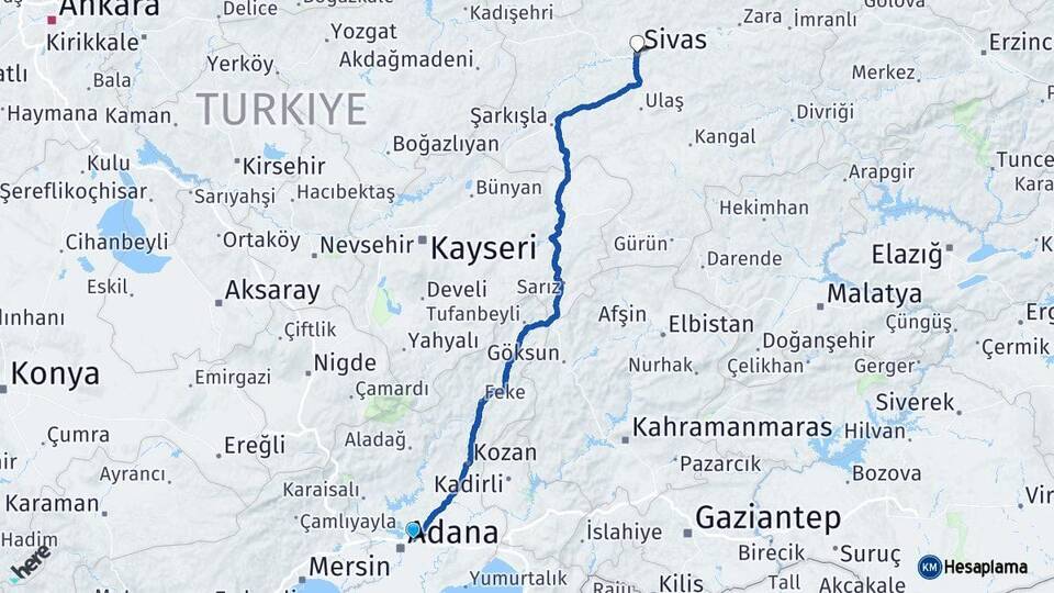 Adana Sarıçam Sivas Arası Kaç Km - Yol Haritası