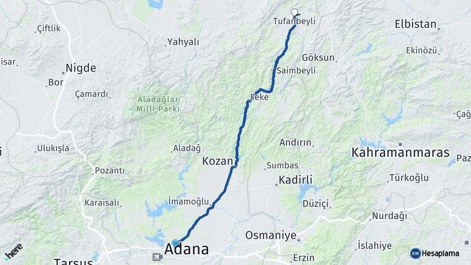 Adana Sarıçam Tufanbeyli Arası Kaç Km - Yol Haritası