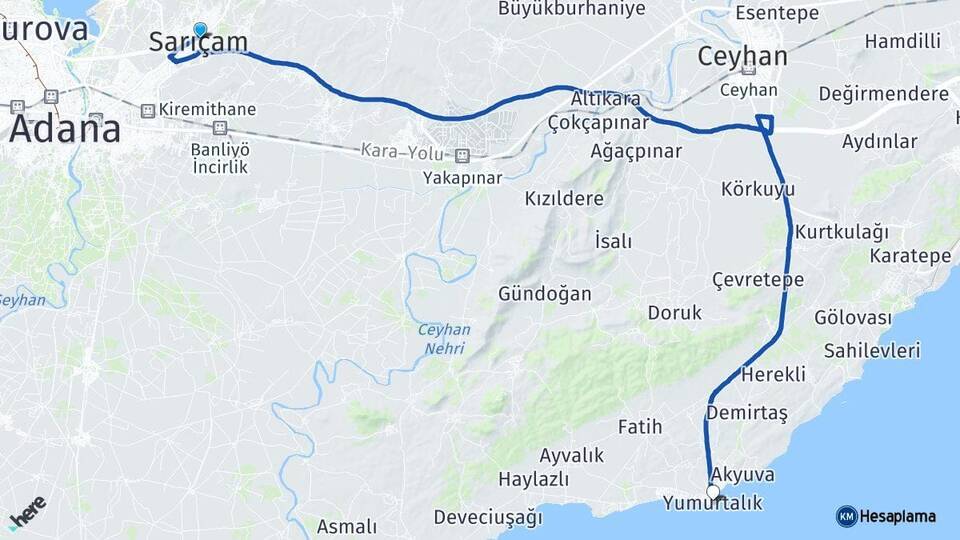 Adana Sarıçam Yumurtalık Arası Kaç Km - Yol Haritası