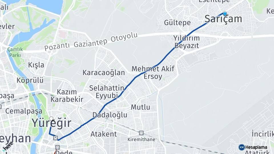 Adana Sarıçam Yüreğir Arası Kaç Km - Yol Haritası