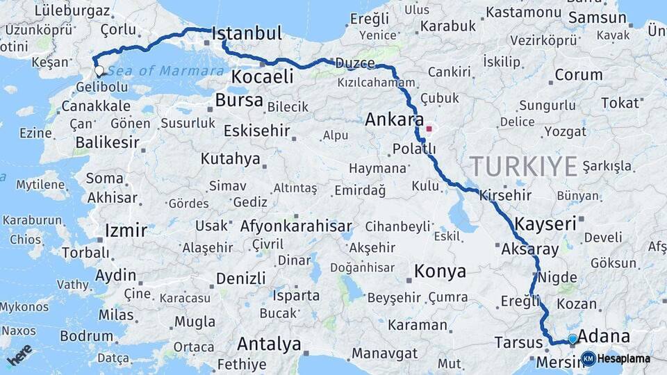 Adana Şarköy Tekirdağ Arası Kaç Km - Yol Haritası