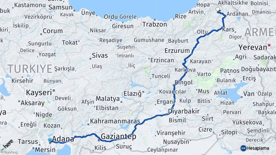 Adana Şavşat Artvin Arası Kaç Km - Yol Haritası