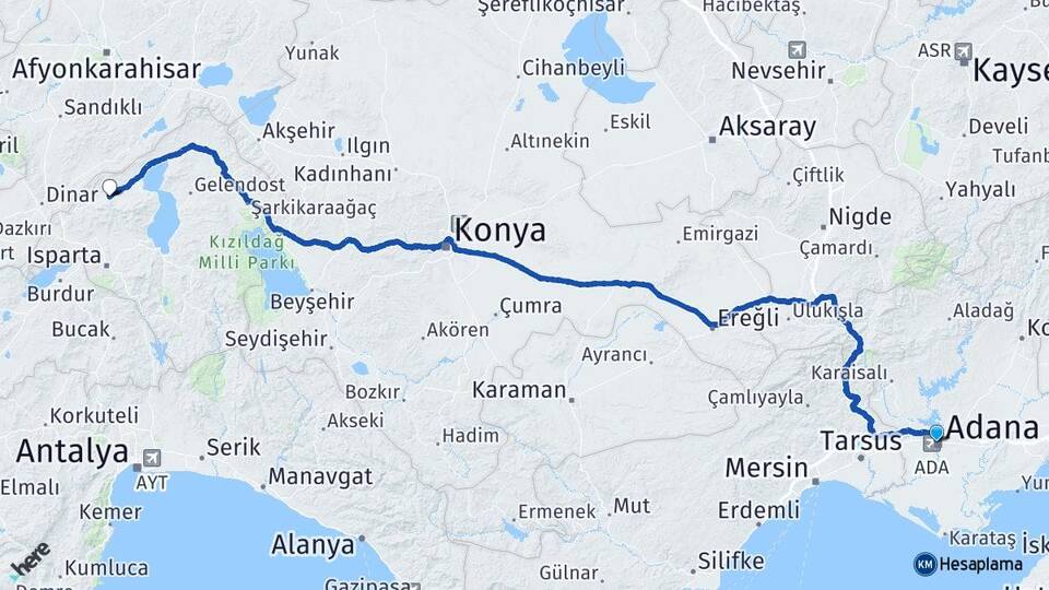 Adana Senirkent Isparta Arası Kaç Km - Yol Haritası