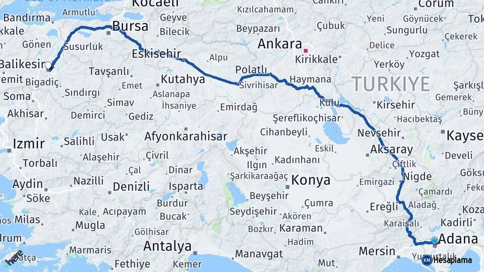 Adana Seyhan Balıkesir Arası Kaç Km - Yol Haritası