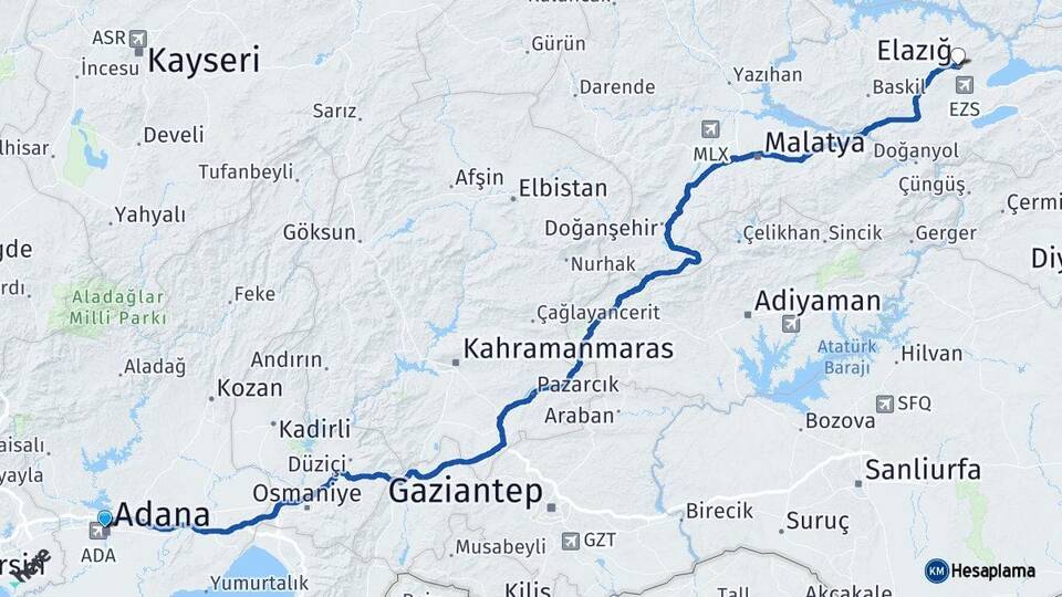 Adana Seyhan Elazığ Arası Kaç Km - Yol Haritası