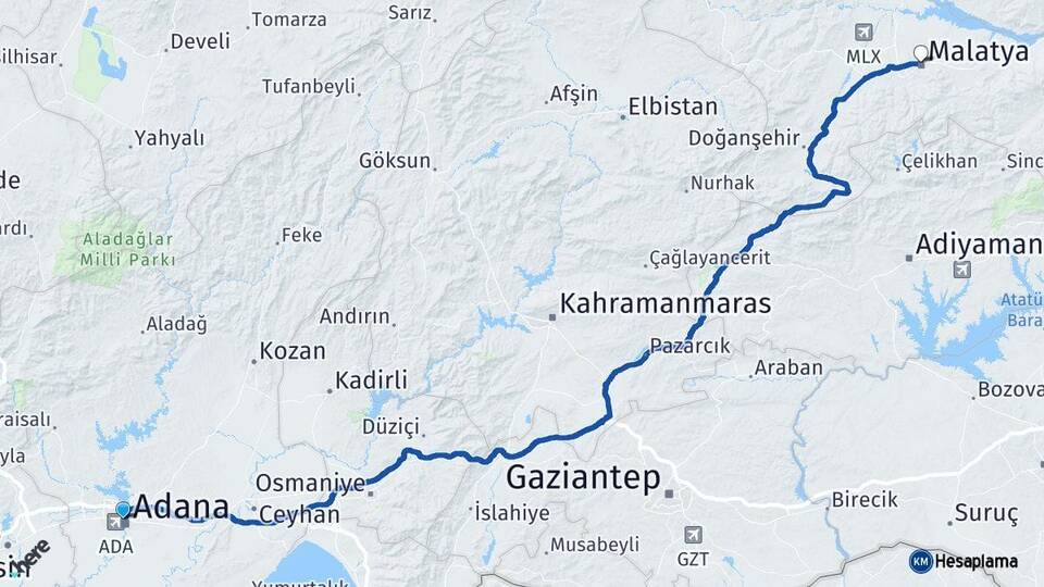 Adana Seyhan Malatya Arası Kaç Km - Yol Haritası