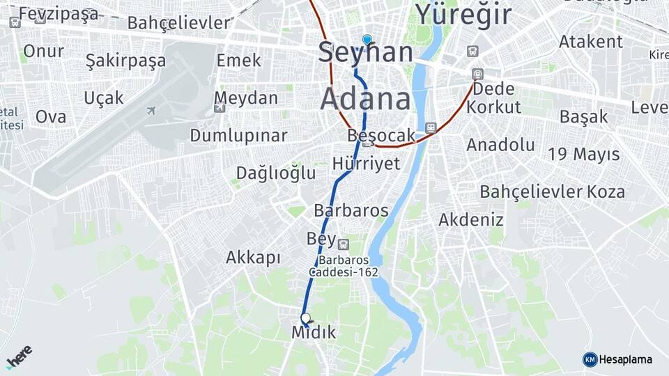 Adana Seyhan Mıdık Seyhan Arası Kaç Km - Yol Haritası