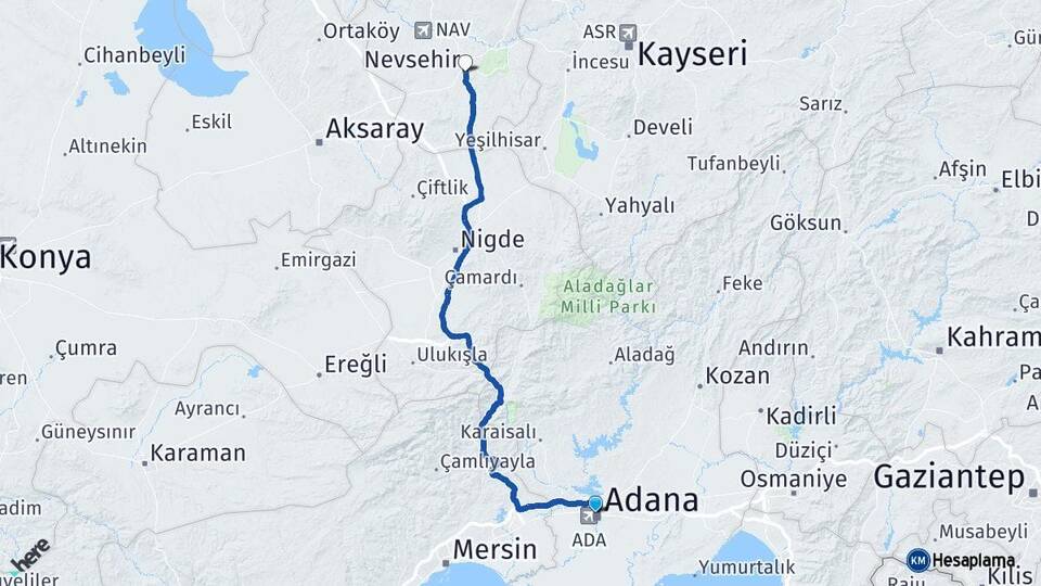 Adana Seyhan Nevşehir Arası Kaç Km - Yol Haritası