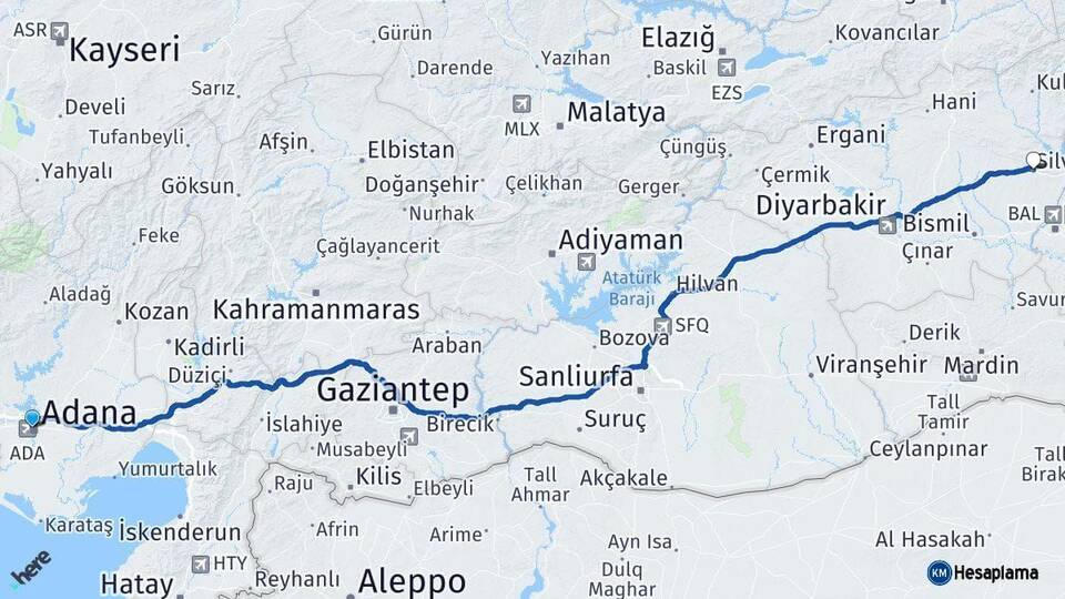 Adana Silvan Diyarbakır Arası Kaç Km - Yol Haritası