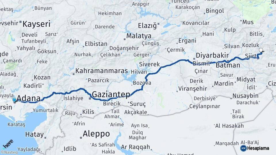 Adana Şirvan Siirt Arası Kaç Km - Yol Haritası