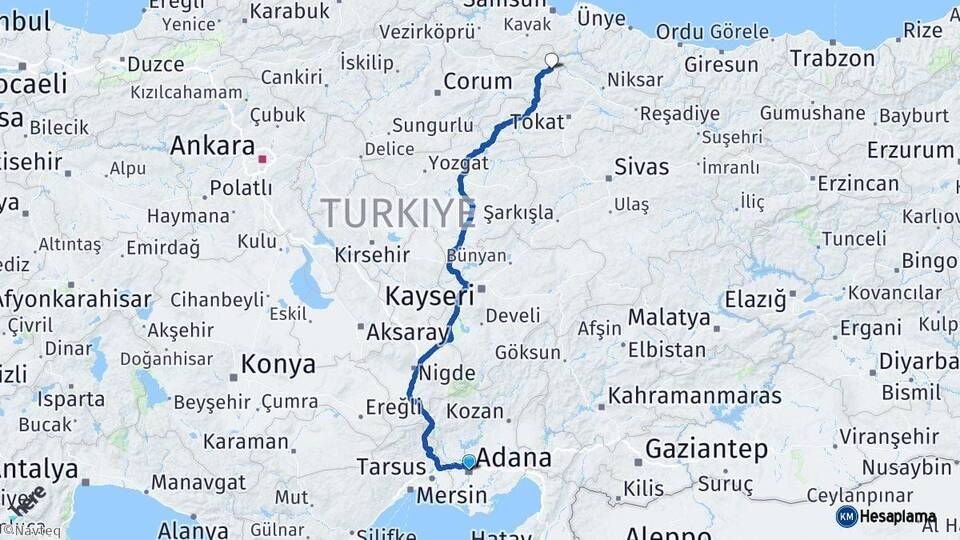 Adana Taşova Amasya Arası Kaç Km - Yol Haritası