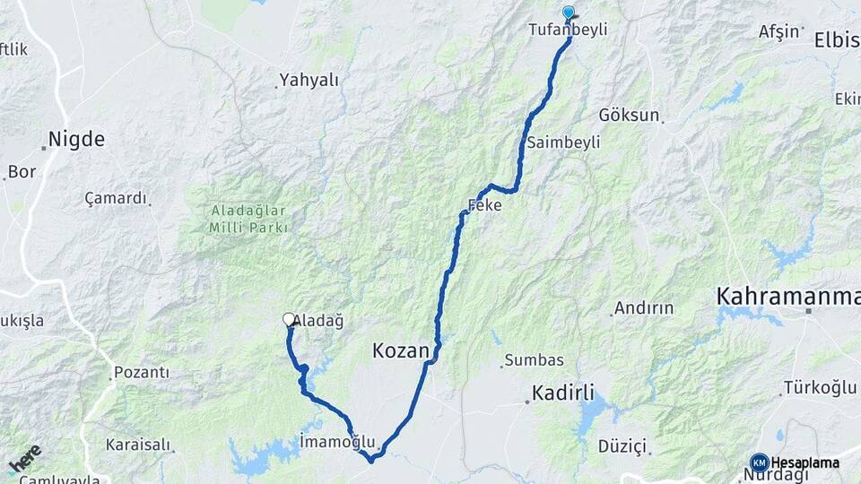 Adana Tufanbeyli Aladağ Arası Kaç Km - Yol Haritası