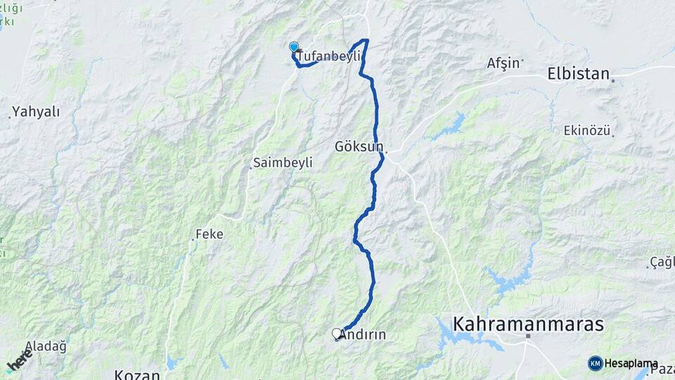 Adana Tufanbeyli Andırın Kahramanmaraş Arası Kaç Km - Yol Haritası