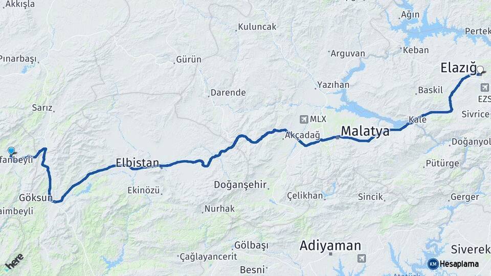 Adana Tufanbeyli Elazığ Arası Kaç Km - Yol Haritası