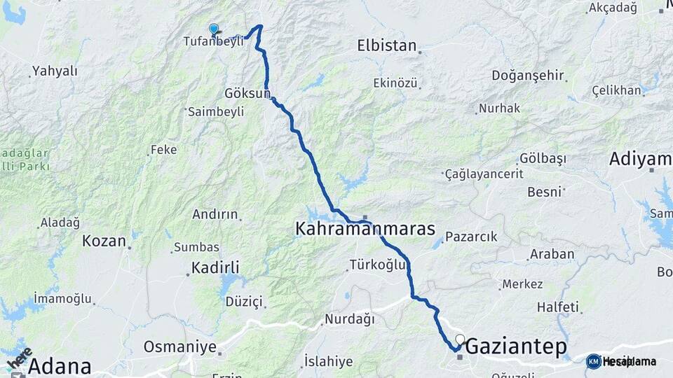 Adana Tufanbeyli Gaziantep Arası Kaç Km - Yol Haritası