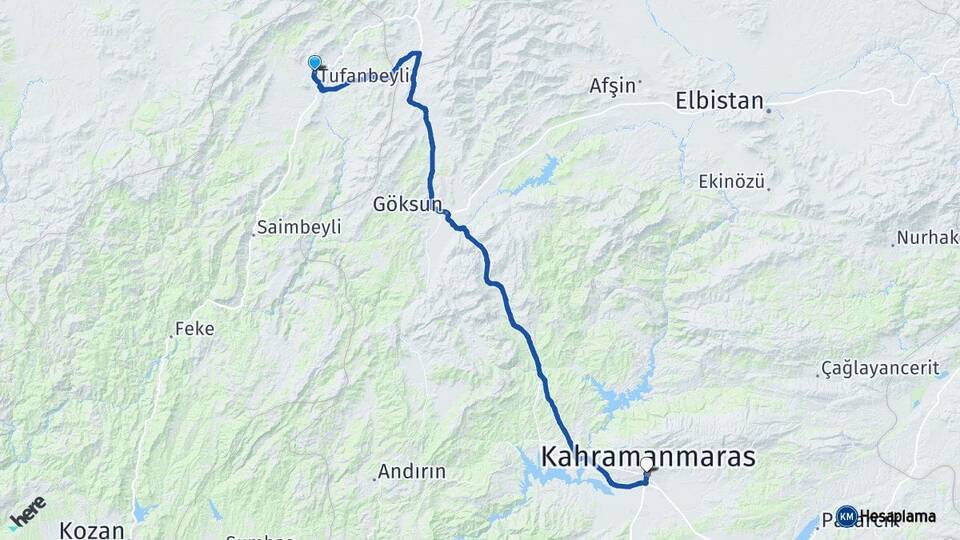 Adana Tufanbeyli Kahramanmaraş Arası Kaç Km - Yol Haritası