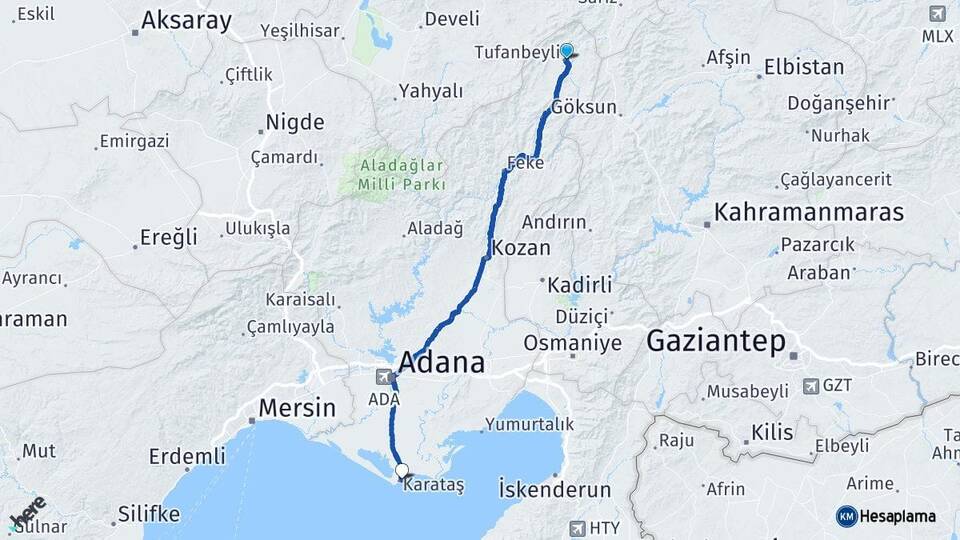 Adana Tufanbeyli Karataş Arası Kaç Km - Yol Haritası