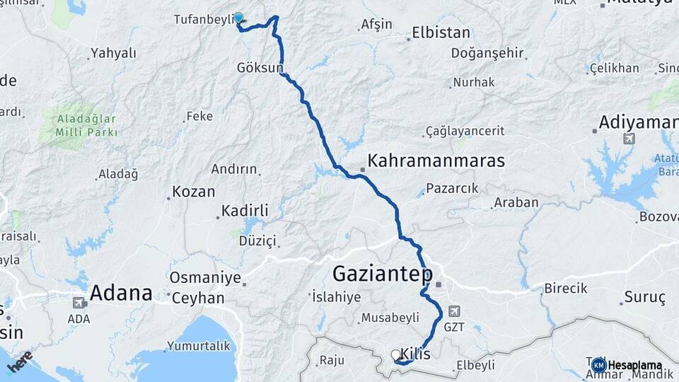Adana Tufanbeyli Kilis Arası Kaç Km - Yol Haritası