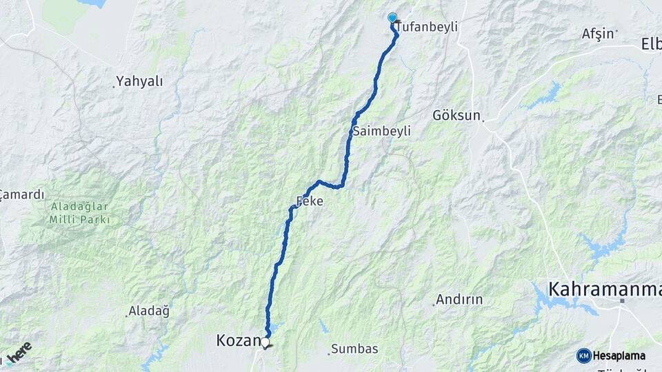 Adana Tufanbeyli Kozan Arası Kaç Km - Yol Haritası