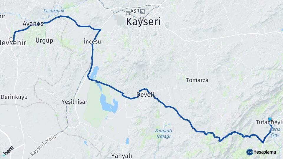 Adana Tufanbeyli Nevşehir Arası Kaç Km - Yol Haritası