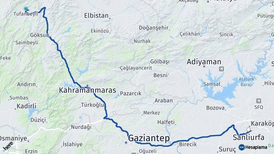 Adana Tufanbeyli Şanlıurfa Arası Kaç Km - Yol Haritası