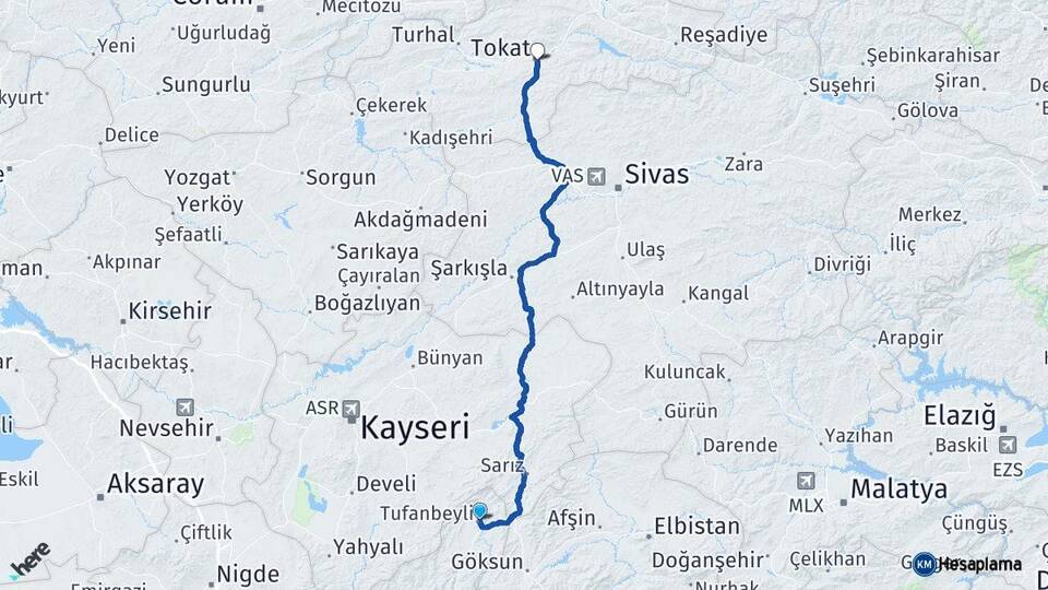 Adana Tufanbeyli Tokat Arası Kaç Km - Yol Haritası