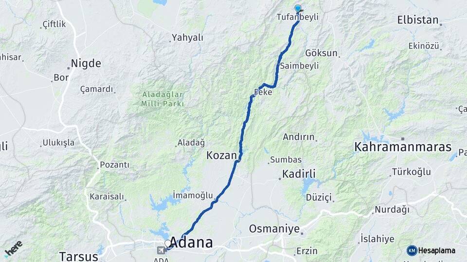 Adana Tufanbeyli Yüreğir Arası Kaç Km - Yol Haritası