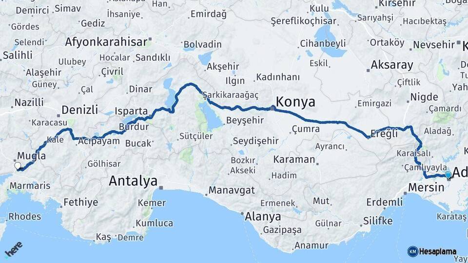 Adana Ula Muğla Arası Kaç Km - Yol Haritası