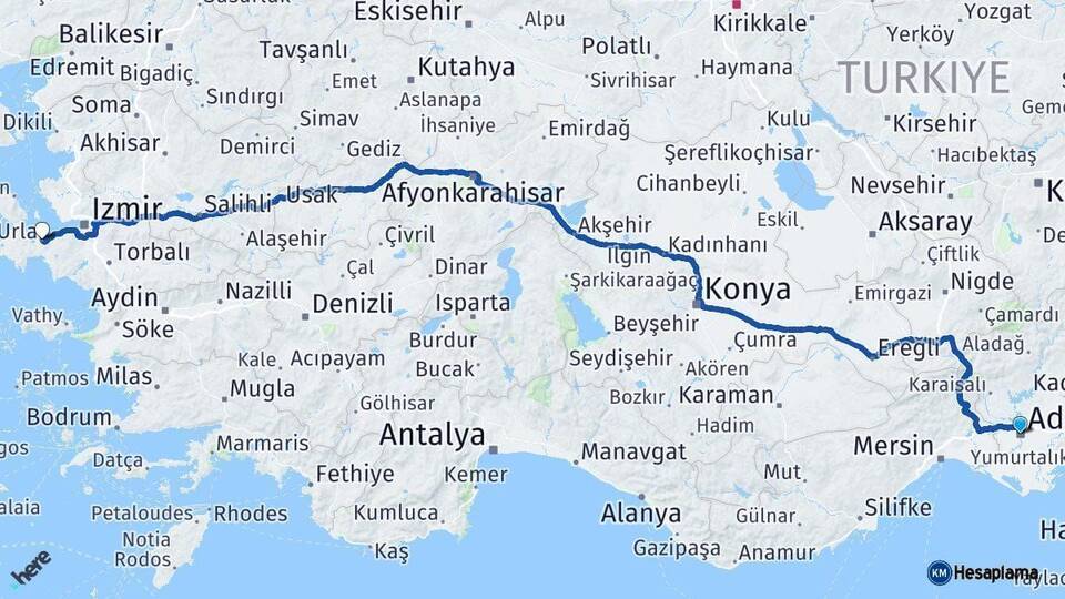 Adana Urla İzmir Arası Kaç Km - Yol Haritası