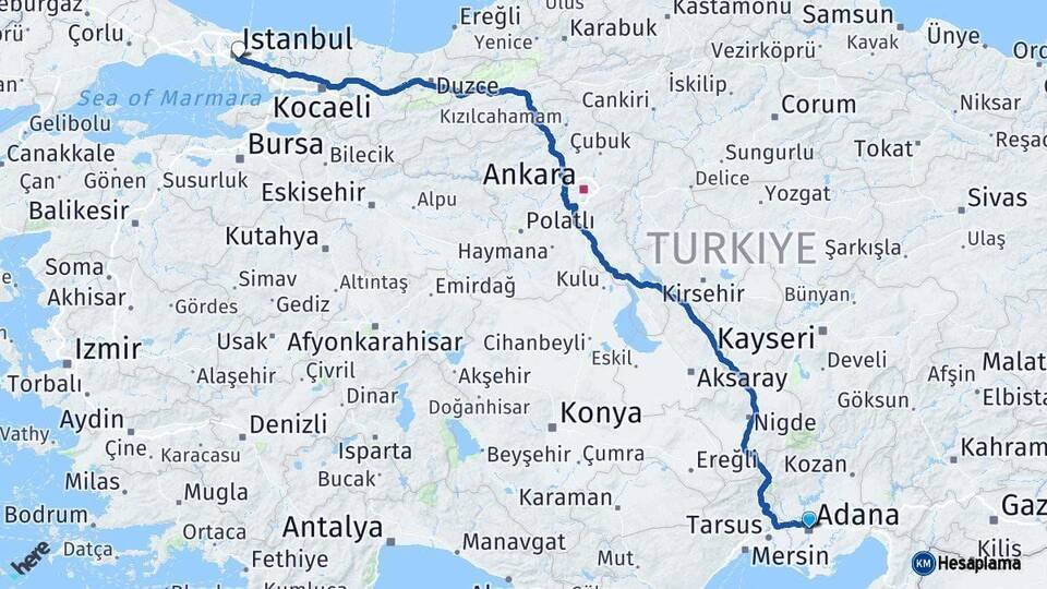 Adana Üsküdar İstanbul Arası Kaç Km - Yol Haritası