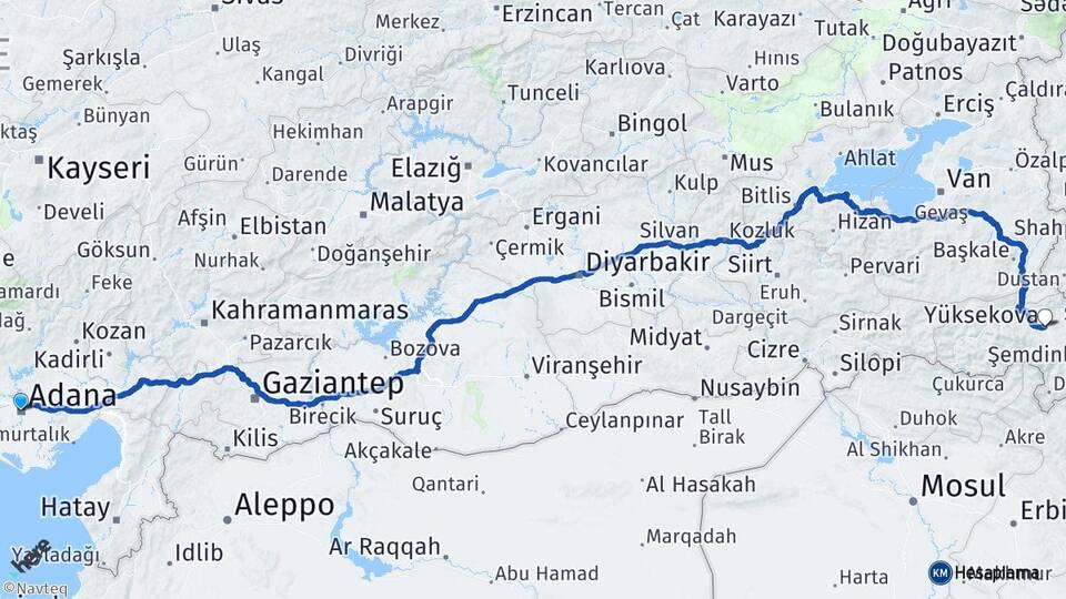 Adana Yüksekova Hakkari Arası Kaç Km - Yol Haritası