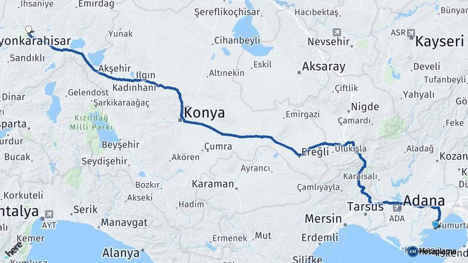 Adana Yumurtalık Afyonkarahisar Arası Kaç Km - Yol Haritası