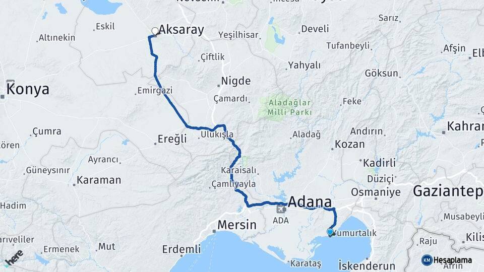 Adana Yumurtalık Aksaray Arası Kaç Km - Yol Haritası