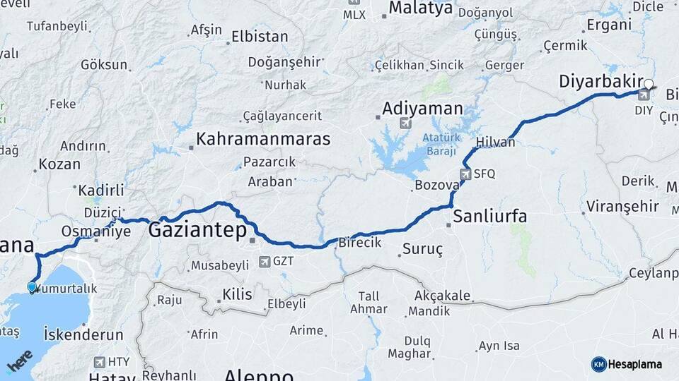 Adana Yumurtalık Diyarbakır Arası Kaç Km - Yol Haritası
